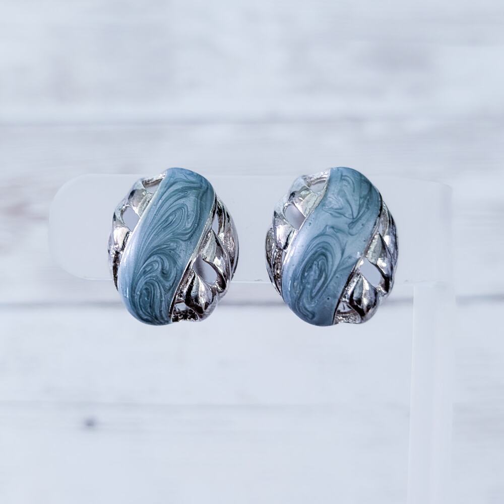 Vintage Clip On Earrings Dusky Blue-ish & Silver Tone Oval Statement 7/8"